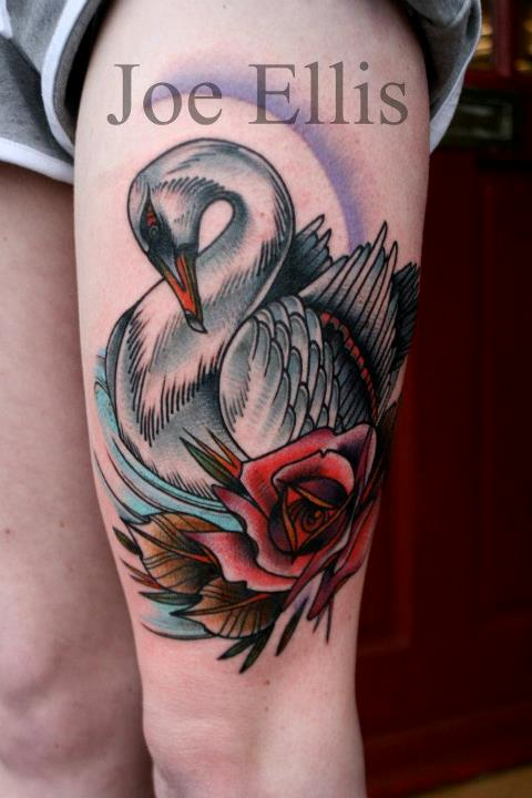 Traditional Swan With Rose Tattoo On Thigh By Jeo Ellis