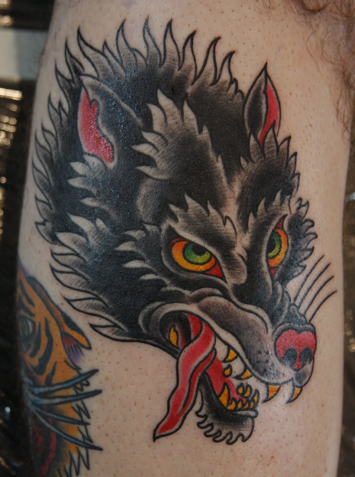 Traditional Wolf Head Tattoo On Arm Sleeve
