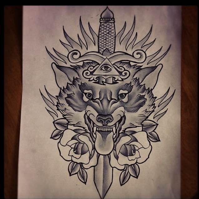 Traditional Wolf Head With Dagger In Head Tattoo Design