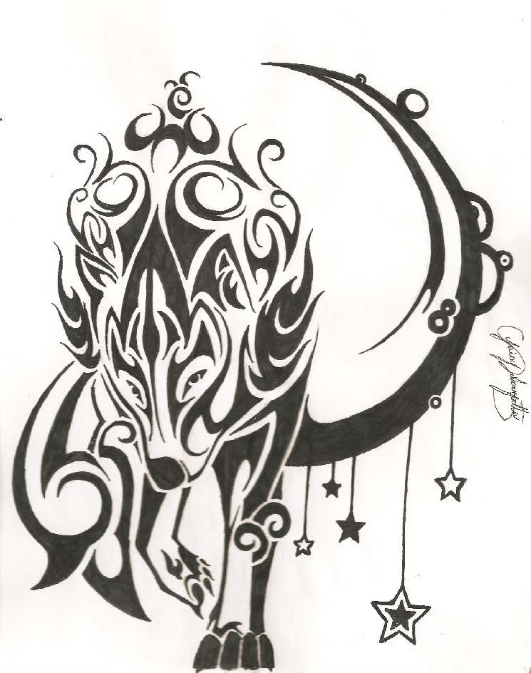 Tribal Moon With Stars And Wolf Tattoo Design