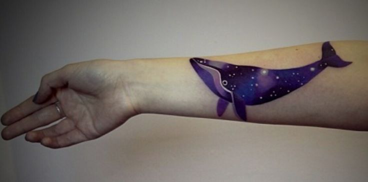 Unique Purple Ink Whale Tattoo On Forearm