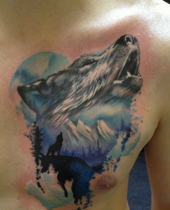 Watercolor Howling Wolf Head Tattoo On Chest