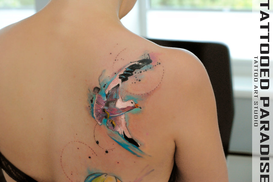 Watercolor Seagull Tattoo On Right Back Shoulder By Aleksandra Katsan
