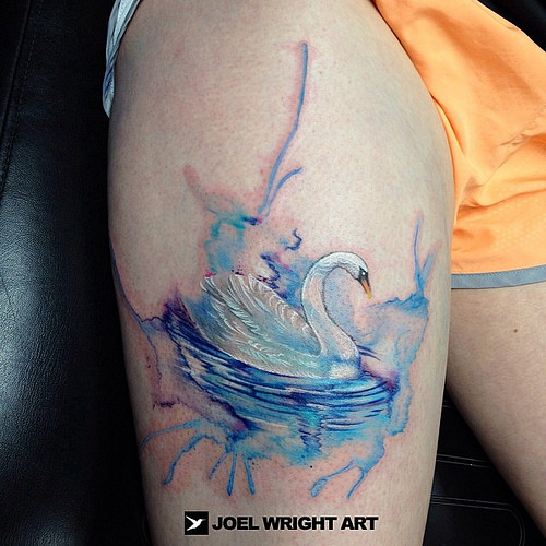 Watercolor Swan Tattoo On Thigh