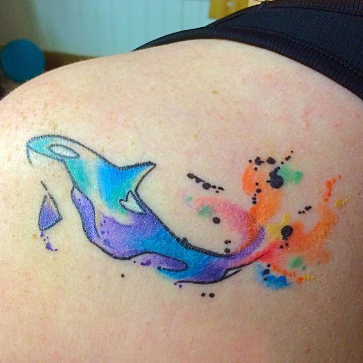 Watercolor Whale Tattoo On Left Back Shoulder By Lacey Scott