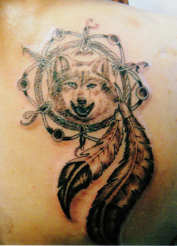 Wolf Dreamcatcher Tattoo On Right Back Shoulder