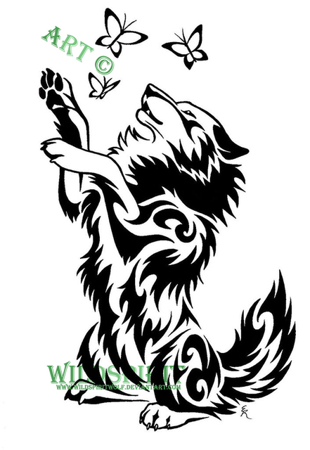 Wolf Platying With Butterflies Tattoo Design