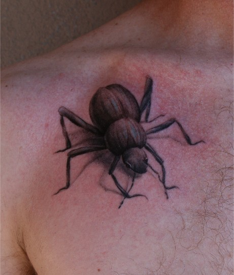 3D Beetle Tattoo On Man Right Front Shoulder