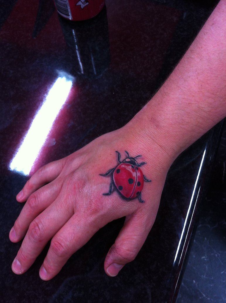 3D Black And Red Bug Tattoo On Hand