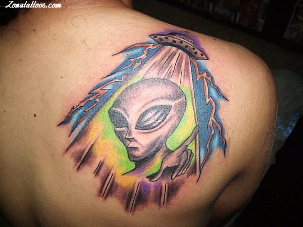 Alien Head In Spaceship Light Tattoo On Right Back Shoulder