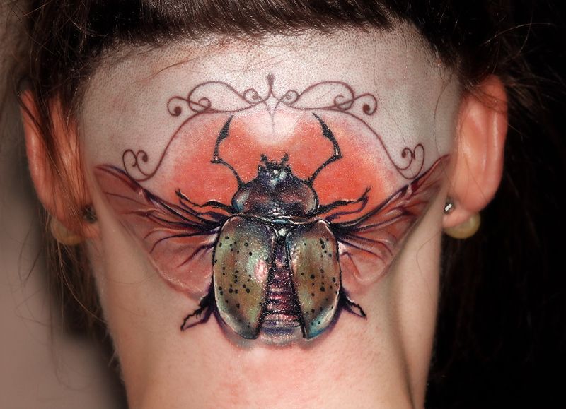 Amazing 3D Beetle Tattoo On Girl Back Neck By Robert Pena