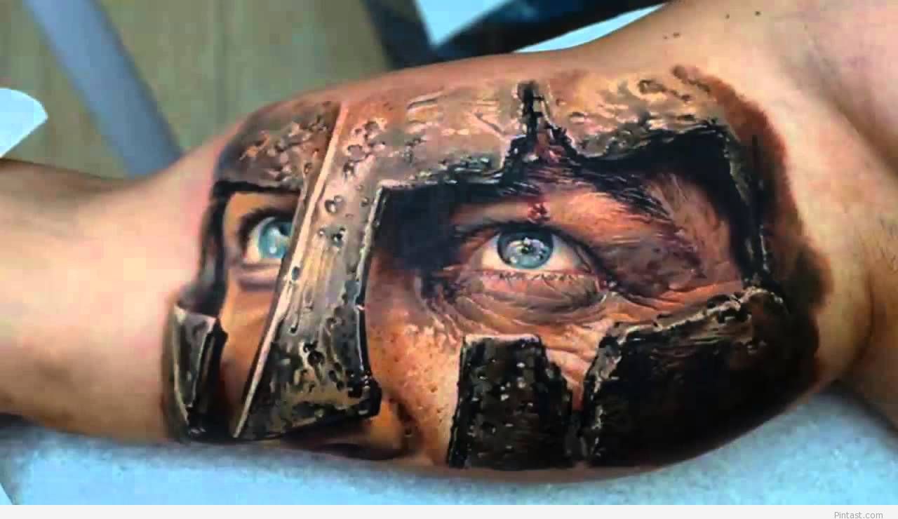 Amazing 3D Spartan Head Tattoo On Bicep