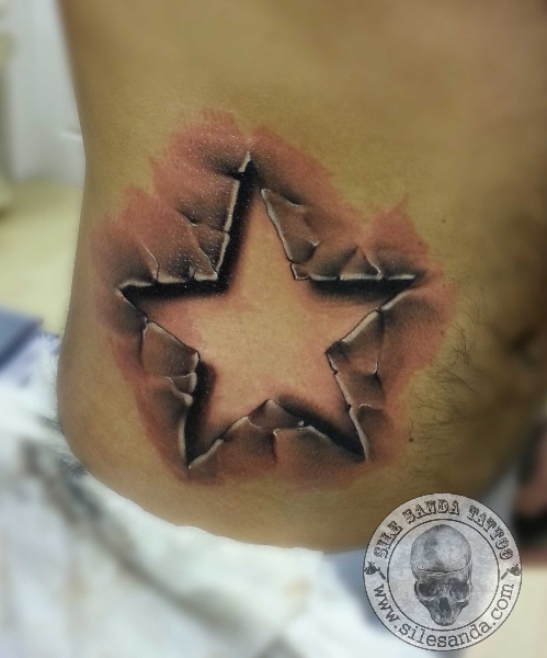 Amazing 3D Star Tattoo On Rib Side