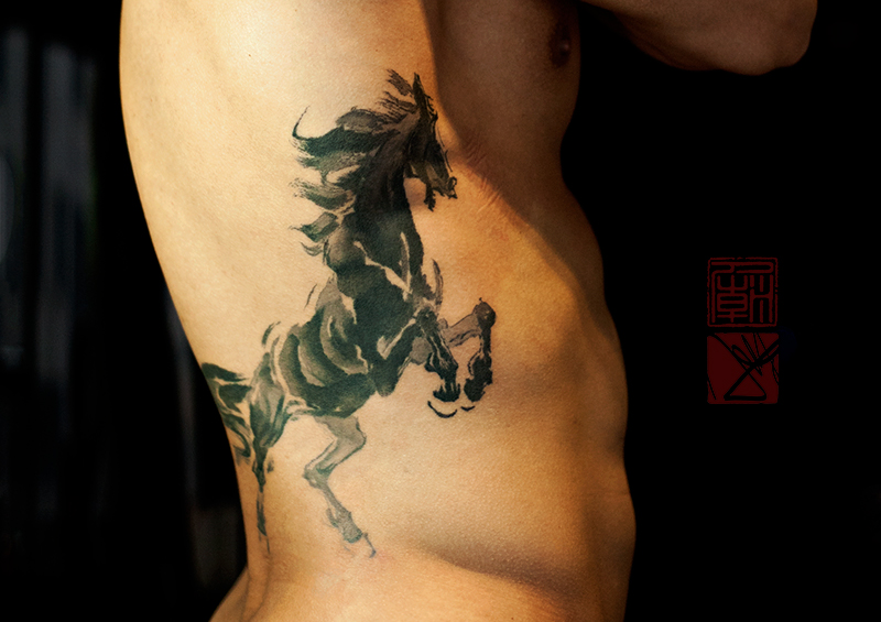 Amazing Asian Horse Tattoo On Man Side Rib By Joey Pang