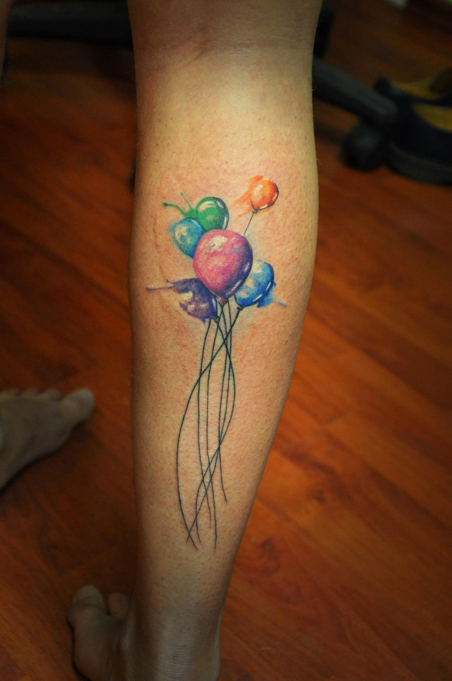 Amazing Colorful Balloons Tattoo On Leg By Koray