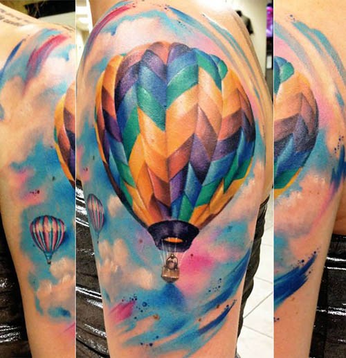 Amazing Colorful Hot Air Balloon Tattoo On Shoulder