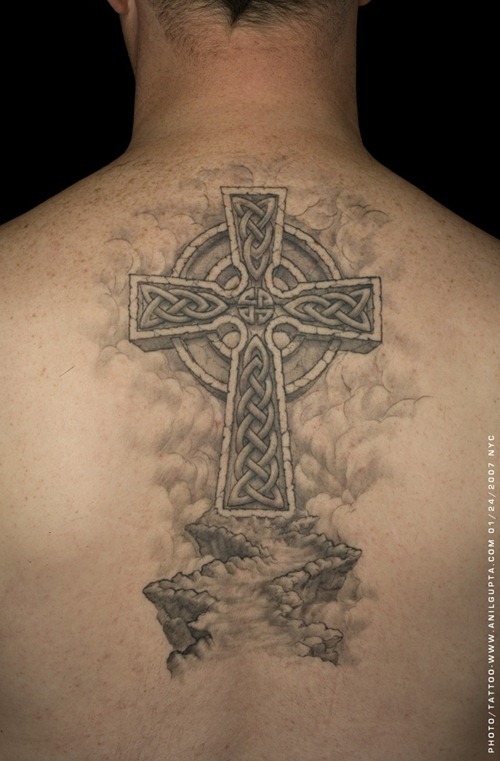 Amazing Grey Celtic Cross Tattoo On Man Upper Back