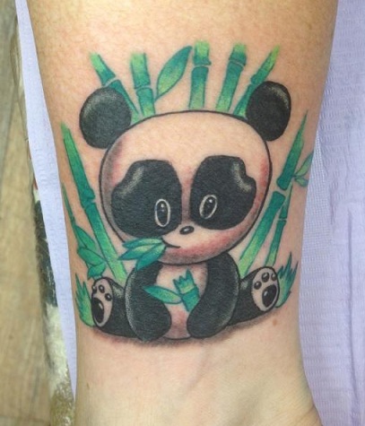 Amazing Panda Cub With Bamboo Trees Tattoo Design For Wrist