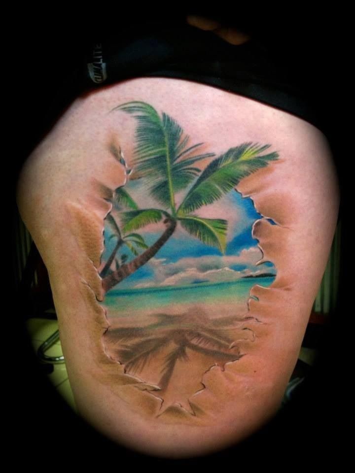 Amazing Ripped Skin Beach Scene Tattoo On Side Thigh