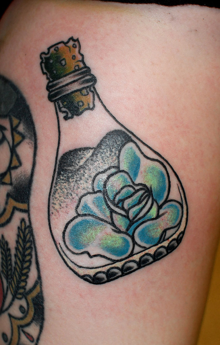 Amazing Rose In Bottle Tattoo Design By Noodles