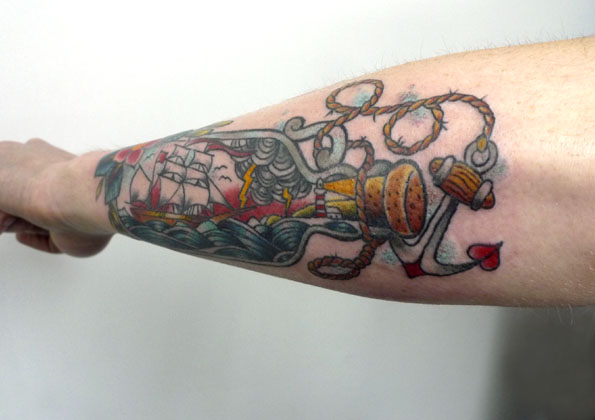 Amazing Ship In Bottle With Anchor Tattoo On Forearm