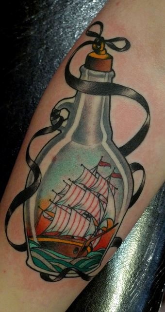Amazing Ship In Bottle With Ribbon Tattoo Design For Arm