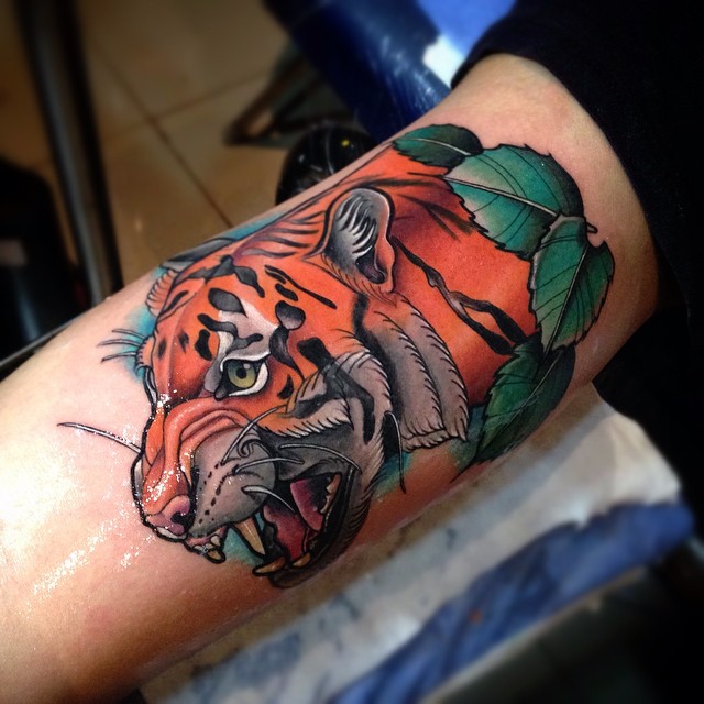 Amazing Tiger Head Tattoo Design For Bicep