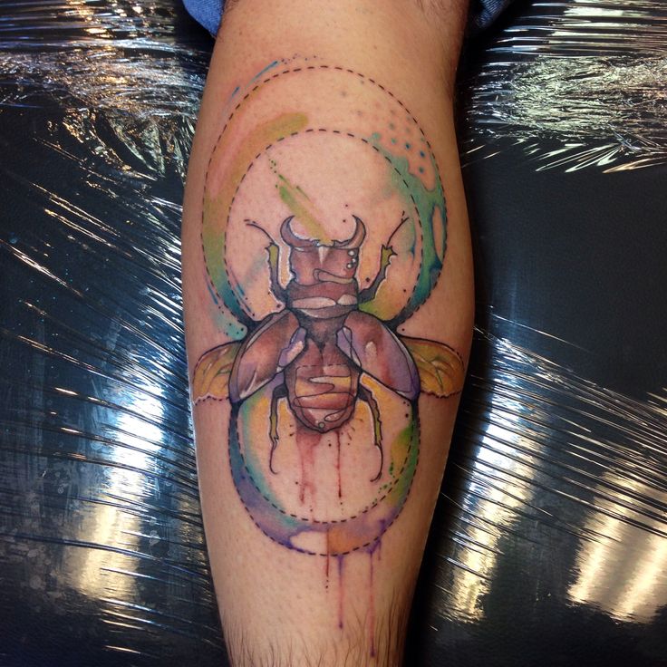 Amazing Watercolor Beetle Tattoo Design For Leg By Justin Nordine