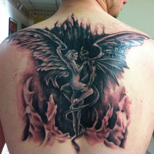 Angel And Demon Love Tattoo On Man Back