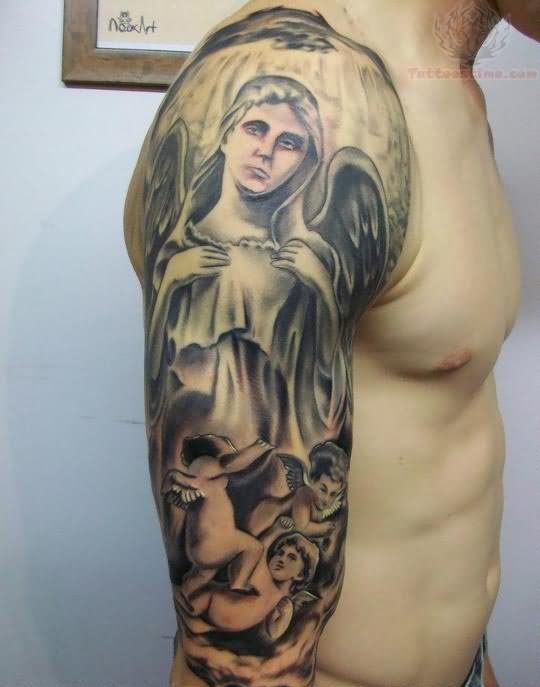 Angel Cherubs And Angel Tattoo On Right Half Sleeve