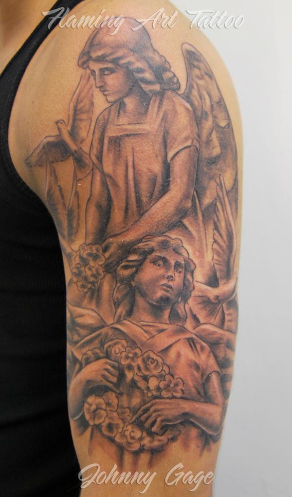 Angel Tattoos On Sleeve By Johnny Gage