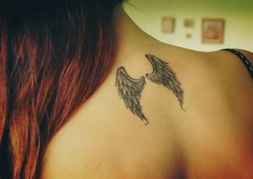 Angel Wings Tattoos On Girl Upper Back