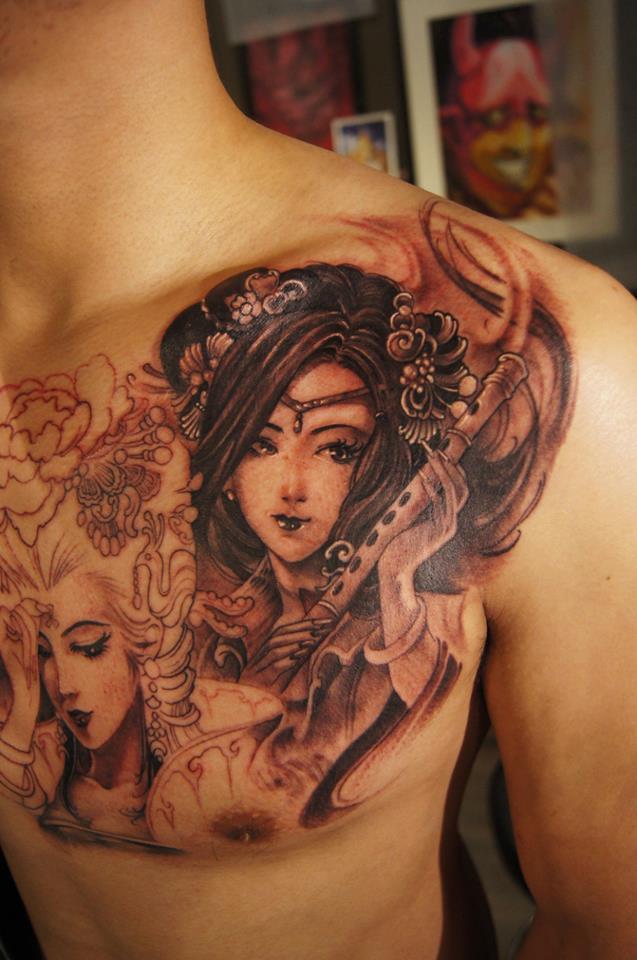 Asian Two Girl Portrait Tattoo On Man Chest