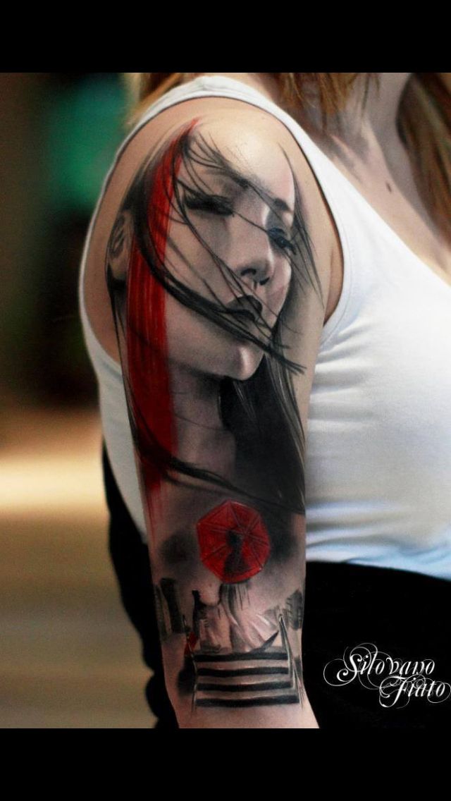 Awesome Asian Girl Tattoo On Girl Right Half Sleeve