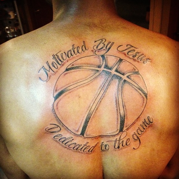 Awesome Black Ink Basketball Tattoo On Man Upper Back
