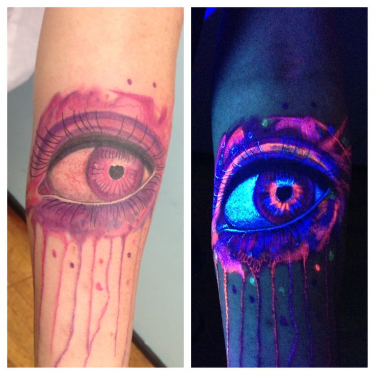Awesome Blacklight Bleeding Eye Tattoo On Forearm