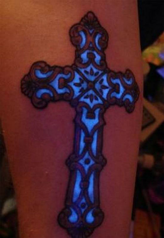 Awesome Blacklight Cross Tattoo Design For Arm