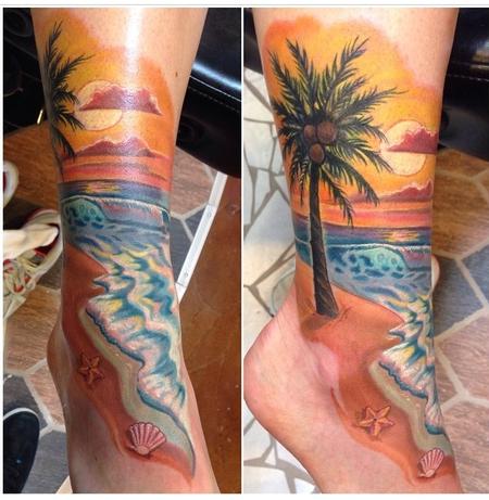 Awesome Colorful Beach Scene Tattoo On Leg