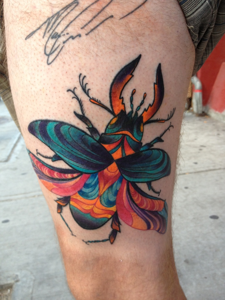 Awesome Colorful Beetle Tattoo On Thigh By Madame