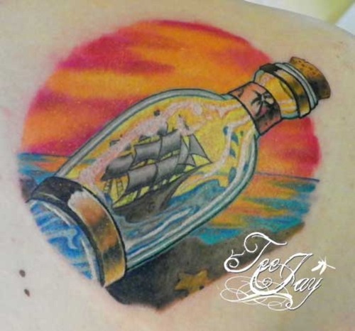 Awesome Ship In Bottle Tattoo On Right Back Shoulder