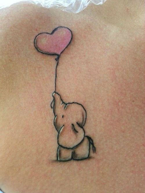 Baby Elephant With Heart Shape Balloon Tattoo Design