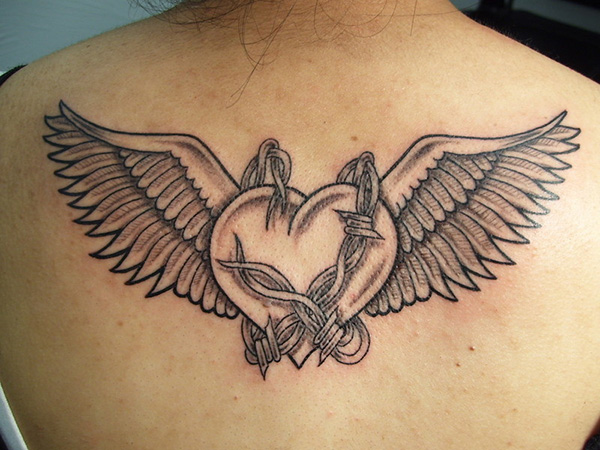 Barbed Wire And Angel Winged Heart Tattoo On Back