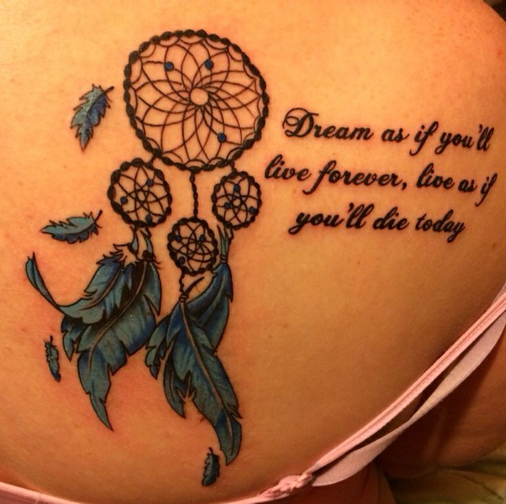 Beautiful Dreamcatcher Tattoo With Quote On Right Back Shoulder