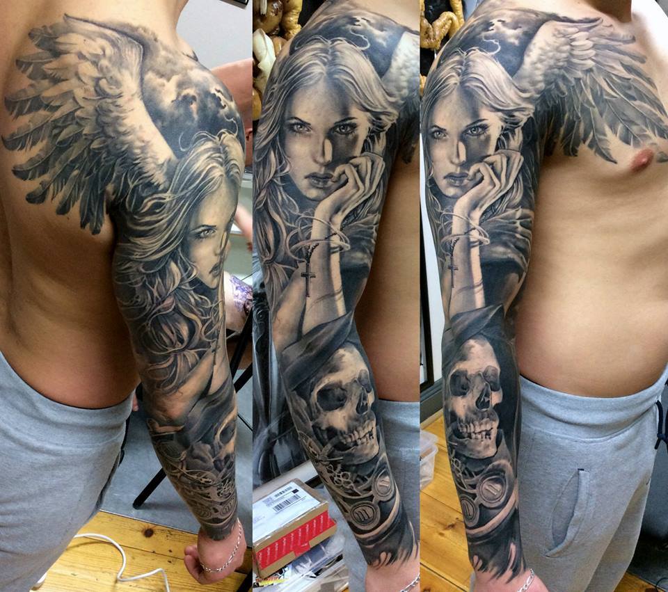 Black And Grey Angel With Skull Tattoo On Full Sleeve