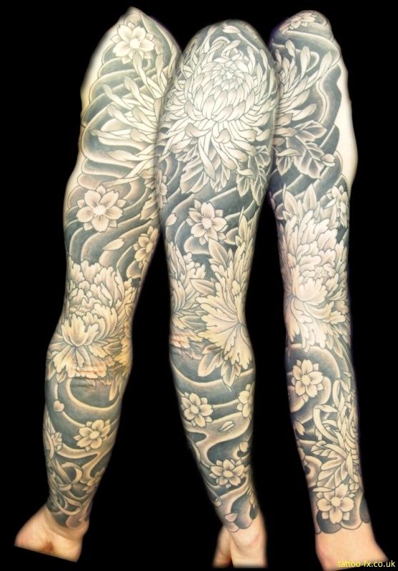 Black And Grey Asian Flowers Tattoo On Full Sleeve