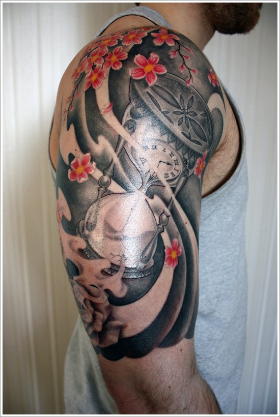 Black And Grey Asian Hourglass Tattoo On Man Right Half Sleeve