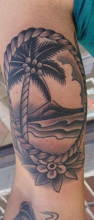 Black And Grey Beach Scene In Frame Tattoo Design