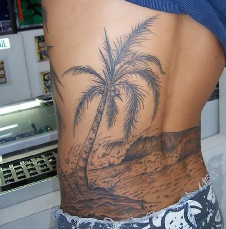 Black And Grey Beach Scene Tattoo On Back