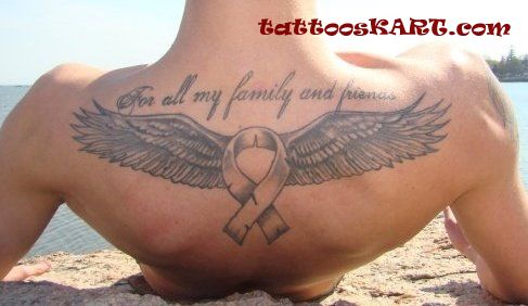 Black And Grey Breast Cancer Logo With Wings Tattoo On Upper Back