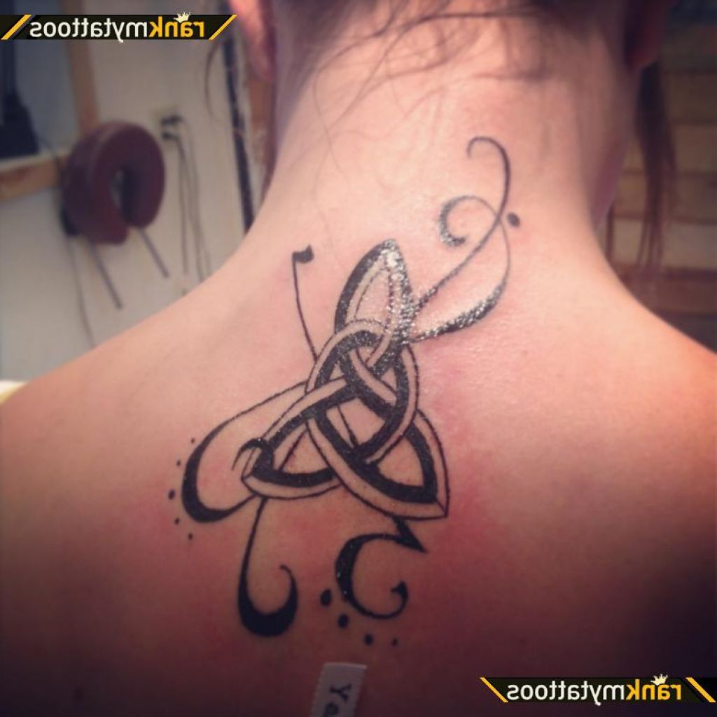 Black And Grey Celtic Knot Tattoo On Upper Back